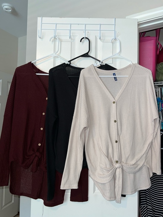 Sweaters - 3 Casual Tie-Front Waffle Knit Sweater - Beige, Black, Burgundy